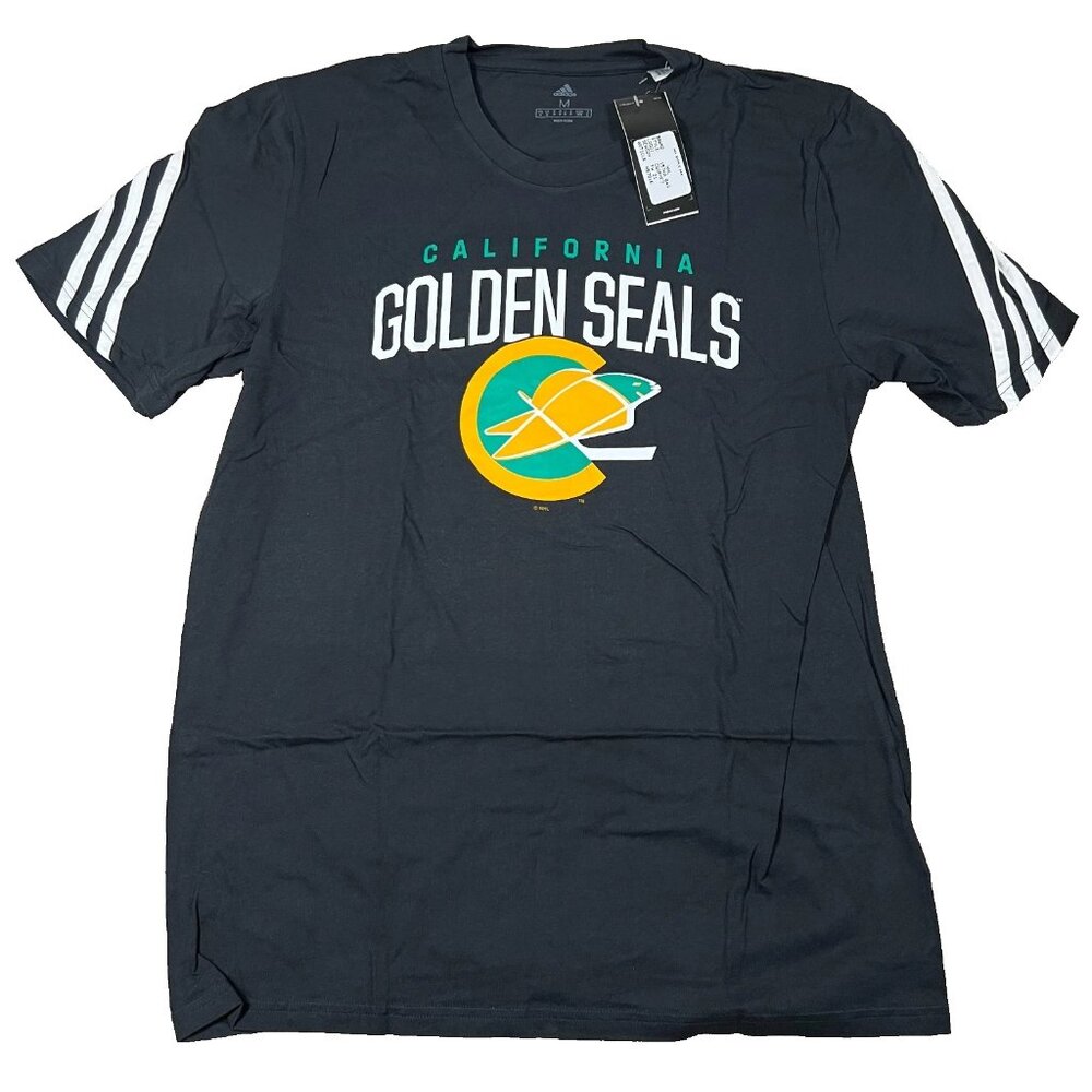 Adidas Mens Medium Black 3 Stripe California Golden Seals NHL Hockey T-Shirt NWT